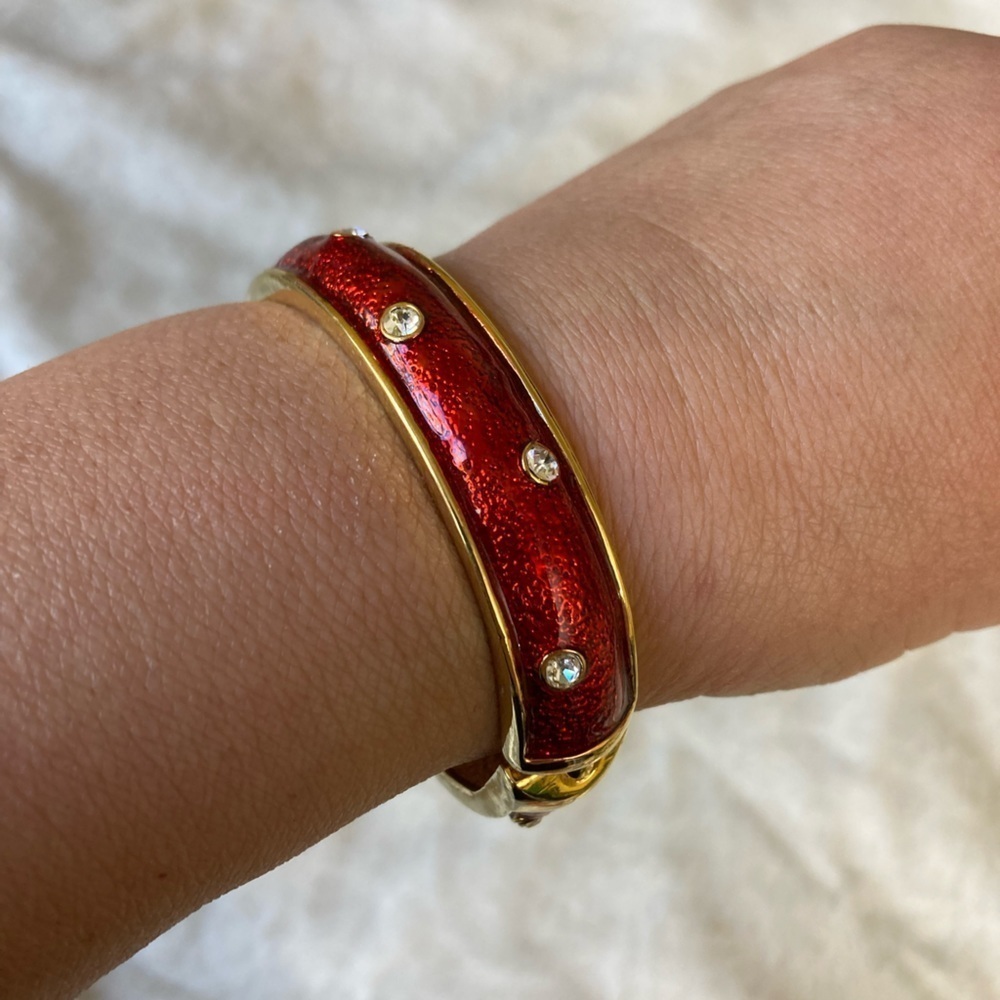 Red Enamel with Rhinestones‎ Hinged w/ Push Clasp Bracelet